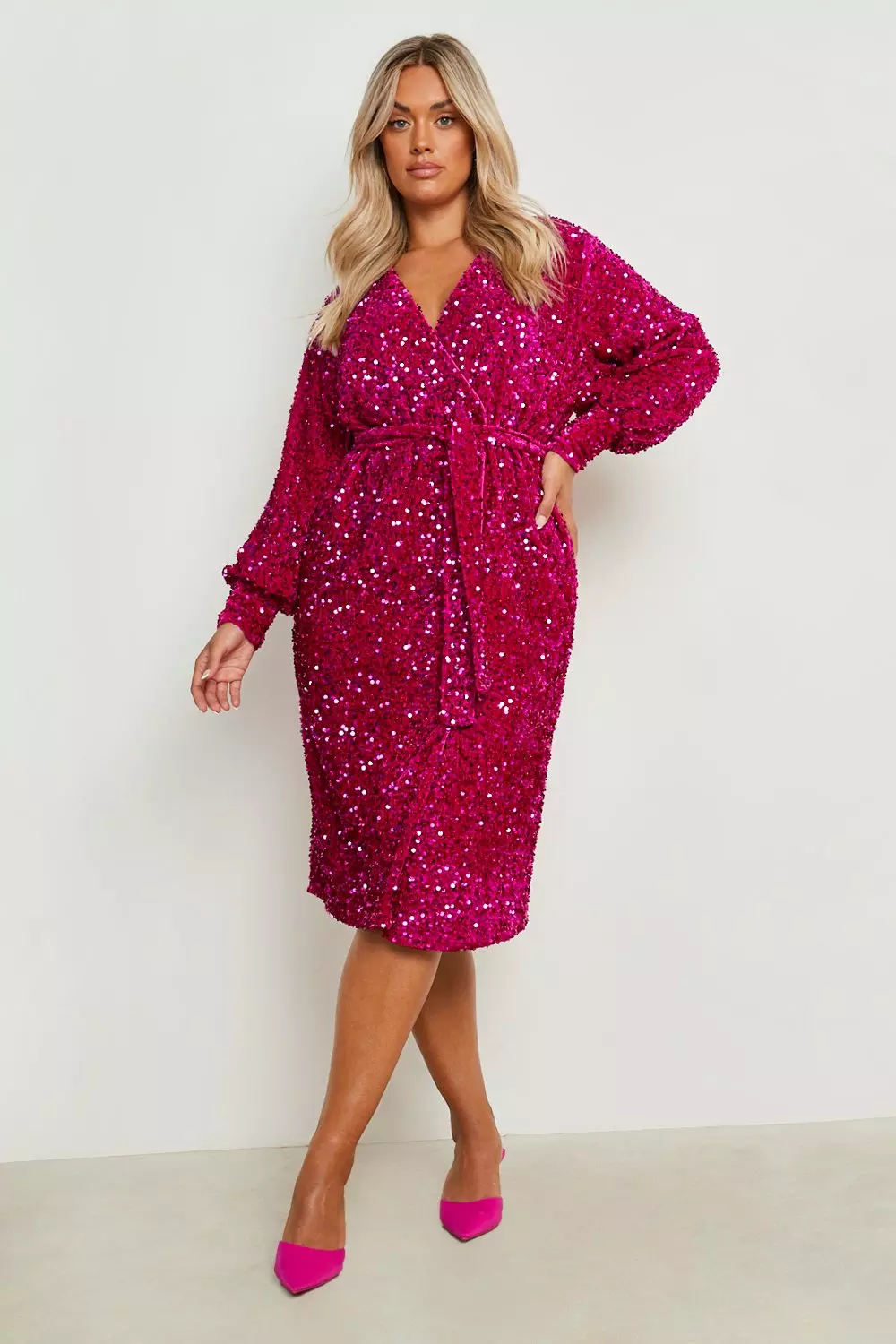 Plus Velvet Sequin Wrap Midi Dress